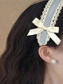 Women's Plaid Blue Cute White Lace Bow Versatile Headband Hair Head Accessories Suitable For Daily Use Home School Beach Vacation Work Commute Party Festival Birthday Gift Back To School Season New Year Valentine's Day Mother's Day Christmas Gift Gifting Wedding Season Music Festival Graduation Season Spring Summer - Multicolor - View 7