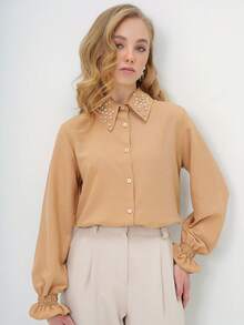Women Beige Button-Up Blouse Designed For Elegant Everyday Styling And Polished Smart-Casual Looks. - Camel - View 3
