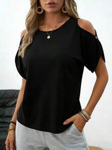 Camiseta de mujer con hombros descubiertos, manga corta, botones, tejido suave, corte holgado, informal, elegante, transpirable, para primavera y verano, uso diario - Negro - Ver 2
