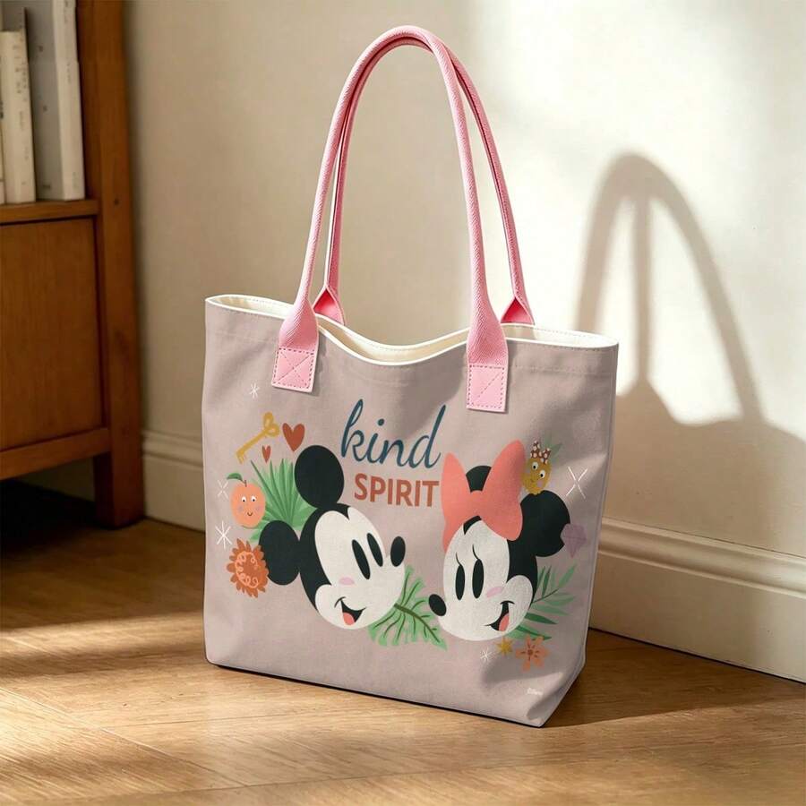 Disney Mickey & Minnie Mouse Tote Bag, Large Capacity Canvas Shoulder Bag, Casual Handbag For Work, School, Shopping, Travel, Daily Use, Home Decoration - Pink - View 1