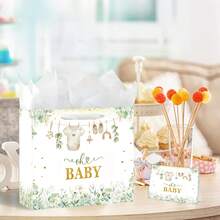 大型“Oh Babyshower”礼品袋，鼠尾草绿桉树花卉图案，金色闪光字母 - 波西米亚风性别揭晓派对礼品包装，附赠配套贺卡 - 款式一 - 查看 5