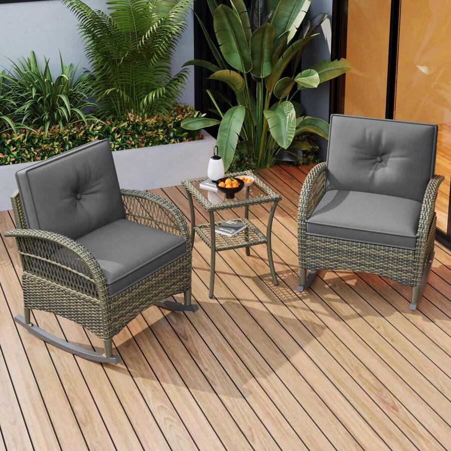 3-Piece Rattan Garden Furniture Set / Balcony Furniture Set For 2 People / 3-Piece Outdoor Seating Group / With 2 Rocking Chairs, Table, Cushions / Load Capacity 160 Kg / For Terrace Balcony, Beige - Grey - View 1