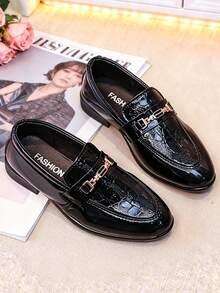 A Pair Of Boys' Round-Toe Leather Shoes, Formal Dress Shoes, Stylish Black Flat Shoes For Weddings And Evening Events, Suitable For Children Aged 4-12 - 黑色 - 查看 2
