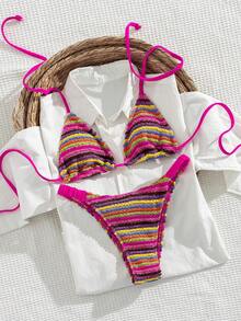 Bộ bikini nữ mới năm 2026, đồ bơi 2 mảnh, vải jacquard họa tiết sọc nhiều màu sắc, áo tam giác buộc dây màu hồng đậm, quần tam giác xếp ly hai bên với đường viền nhún màu hồng đậm tương phản, đồ bơi mùa hè thời trang cho kỳ nghỉ biển, đồ bơi đi nghỉ mát cho nữ - Nhiều màu - Xem 7