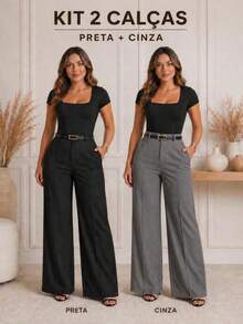 Set Of 2 Women's Elegant Tailored Palazzo Pants With Belt - đen / xám - Xem 1