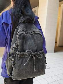Mochila mini de mezclilla lavada vintage Y2K con bolsillos con cordón, adecuada para el estilo callejero estudiantil - Multicolor - Ver 5