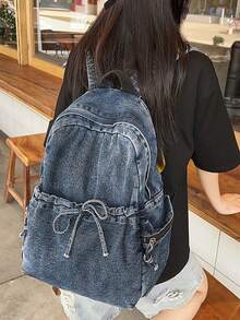 Mochila mini de mezclilla lavada vintage Y2K con bolsillos con cordón, adecuada para el estilo callejero estudiantil - Multicolor - Ver 14