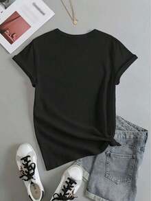 Women's 100% Cotton T-Shirts 2026 Casual Women's Short Sleeve T-Shirt - Leopard Print Check And Stripe With Heart Pattern, Round Neck, Spring Summer Top, Machine Washable, Gift For Mom Or Girlfriend, Fashion Print T-Shirt, Relaxed Fit, Hen Party - Black - View 2