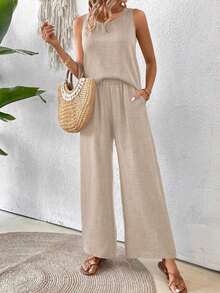 Conjunto de top sin mangas y pantalones de pierna ancha con parte posterior de malla de encaje para mujer, color albaricoque, para primavera/verano - Caqui 3 - Ver 3