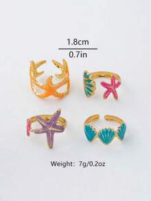 4-Piece/Set Fashionable Dopamine Style Starfish Shell Ocean Metal Ring, Suitable For Children's Vacation Wear, Multifunctional And Elegant - Multicolor - View 2