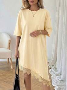Vestido casual para mujer color negro, manga corta, cuello redondo, diseño holgado, dobladillo asimétrico con encaje decorativo, tejido de algodón transpirable, estilo básico y versátil, ideal para uso diario, vacaciones, salidas casuales, brunch, paseos y actividades relajadas en primavera y verano - Amarillo claro - Ver 4