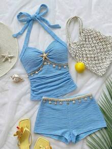 Conjunto de dos piezas para mujer color blanco, top halter con lazo decorativo y shorts, detalles de estrellas de mar y conchas, textura ondulada, ideal para playa, vacaciones, verano, días soleados y salidas a la piscina - Azul - Ver 12
