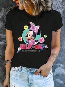 Disney 1件女士短袖T恤，迪士尼米妮图案印花，圆领，弹力面料，易于打理，适合日常穿着，时尚女士短袖T恤，休闲服饰 - 黑色 - 查看 3