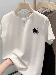 Plus Size Women's Minimalist Knight Riding Horse Silhouette Print Round Neck Short Sleeve T-Shirt, Casual Comfortable Versatile Basic Top, Suitable For Spring/Summer Daily Wear, Campus And Street Style White - White - View 1