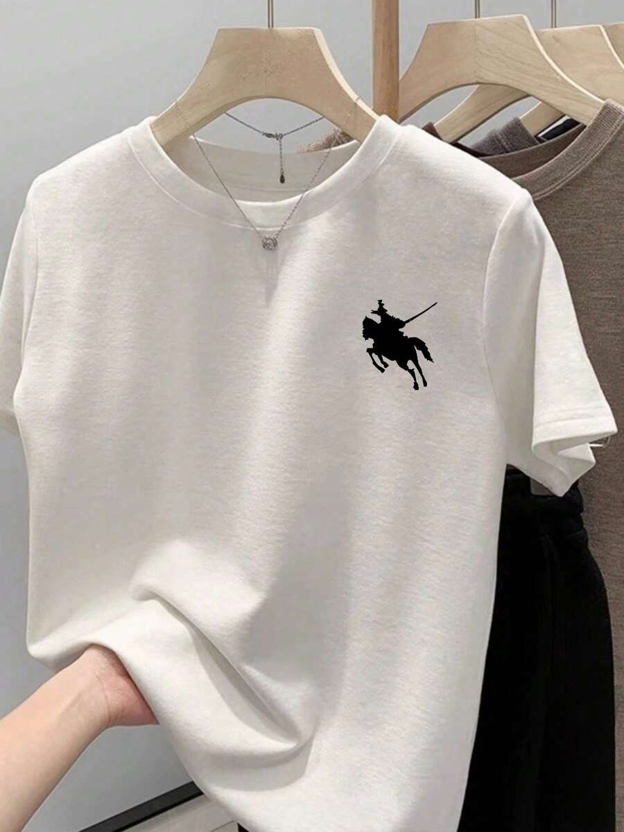 Plus Size Women's Minimalist Knight Riding Horse Silhouette Print Round Neck Short Sleeve T-Shirt, Casual Comfortable Versatile Basic Top, Suitable For Spring/Summer Daily Wear, Campus And Street Style White - White - View 1