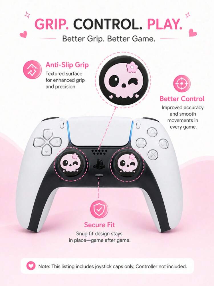 2pcs Controller Joystick Caps, Cute Skull Design Soft Silicone Anti-Slip Protective Thumb Grip Caps, Enhance Gameplay Experience, Precise Control, Wear-Resistant, Easy To Install, Black & Pink Cartoon Flower Blinking Design, Gamepad Decorative Accessories, Gift For Gamer - Multicolor - View 6