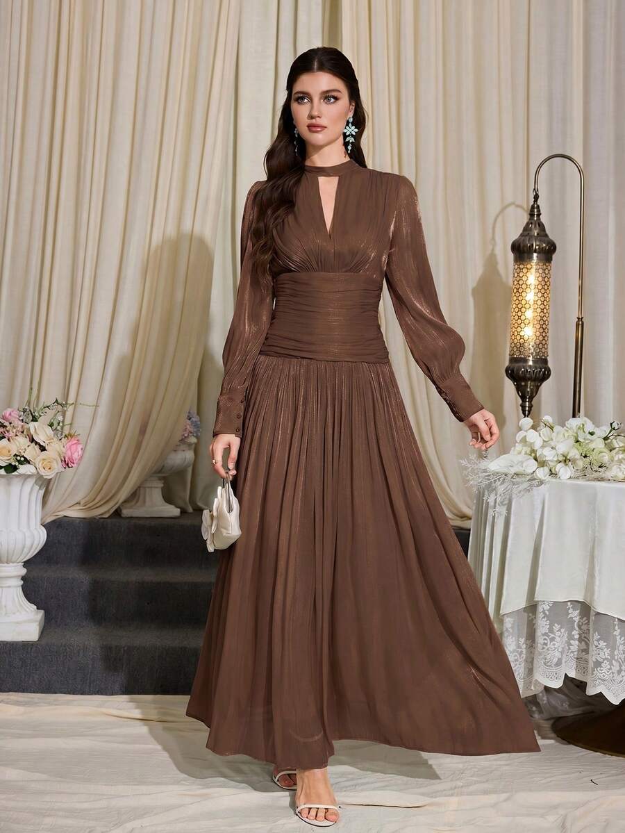 Women's Long Sleeve Brown Glitter A-Line Dress, Decorated With Pleated Details, Back Tie Design, Elegant Long Style Suitable For Multiple Occasions - Coffee Brown - View 1