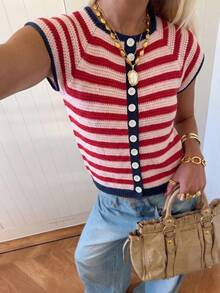 Áo khoác cardigan nữ kiểu retro kẻ sọc, tay ngắn, lý tưởng cho kỳ nghỉ hè, trang phục công sở, trang phục ngày Quốc khánh. Màu đỏ. - Đỏ - Xem 8