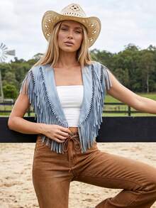 Women's Tassel Vest Jacket Open Front Stylish Solid Color Casual Sleeveless Tassel Collar - Azul - Ver 5