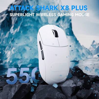  ATTACK SHARK X8 PLUS 无线游戏鼠标，55克超轻，PAW3395 PRO传感器，三模蓝牙2.4G有线连接，1K轮询率，40000 DPI，500mAh电池，云驱动，适用于PC游戏玩家