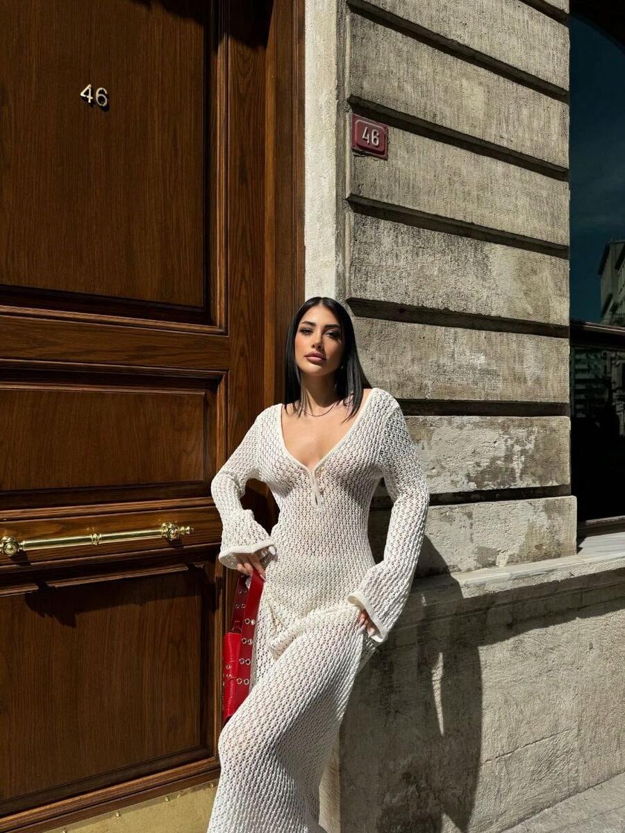 Women's Summer Vacation Beach Flare Sleeve Deep V-Neck Cover-Up Dress - White - View 1