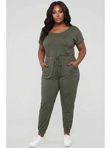 Women's Solid Color Casual Two-Way Shoulder Tie Waist Drawstring Short Sleeve Jumpsuit Scoop Neck Off Shoulder Jumpsuit For Women - 橄欖 - 查看 1