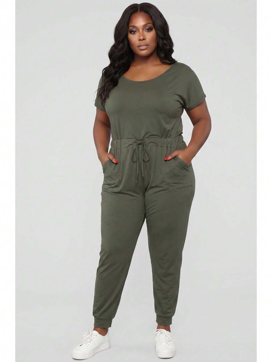 Women's Solid Color Casual Two-Way Shoulder Tie Waist Drawstring Short Sleeve Jumpsuit Scoop Neck Off Shoulder Jumpsuit For Women - 橄欖 - 查看 1