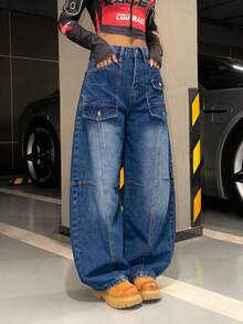 Jeans tipo barrel para mujer con diseño de múltiples bolsillos - Azul lavado oscuro - Ver 3