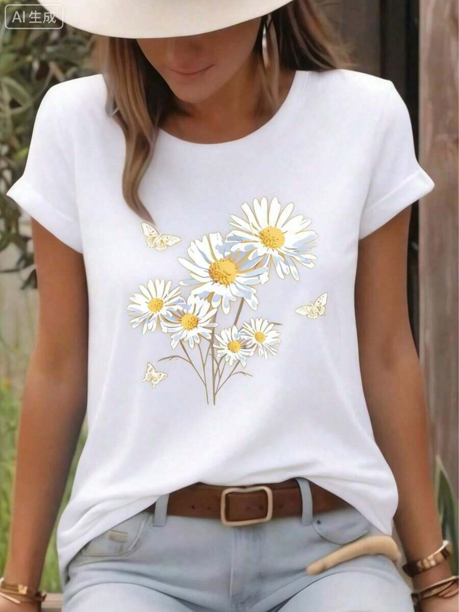 Camiseta Casual de Cuello Redondo para Mujer 2026, Camiseta con Estampado de Margaritas Blancas y Mariposas, Estilo Fresco y Natural, Diseño Floral Campestre e Insectos, Top de Cuello Redondo, Transpirable, Ligera y Cómoda, Perfecta para Primavera y Verano, Tops Blancos, Atuendo para el Día de San Valentín, Mardi Gras, Tops de Verano, Para Mujer, Conjuntos de San Valentín para Mujer, Tops de Mujer, Fairycore, Superbowl, Ropa Elegante para Mujer - Blanco - Ver 1