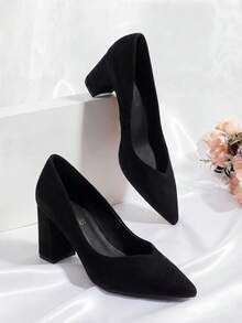 Women's High Chunky Closed Toe Block Heels Pointed Toe Wedding Party Elegant Slip On Pumps Shoes - 黑色 - 查看 2
