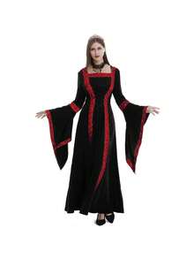 Medieval Retro Hooded Halloween Dress, Square Neckline, Lace-Up Detailing, Flared Sleeves, Full Hem, Stage Performance Costume - 837 Black and Red [Skirt + Tie-up] - View 1