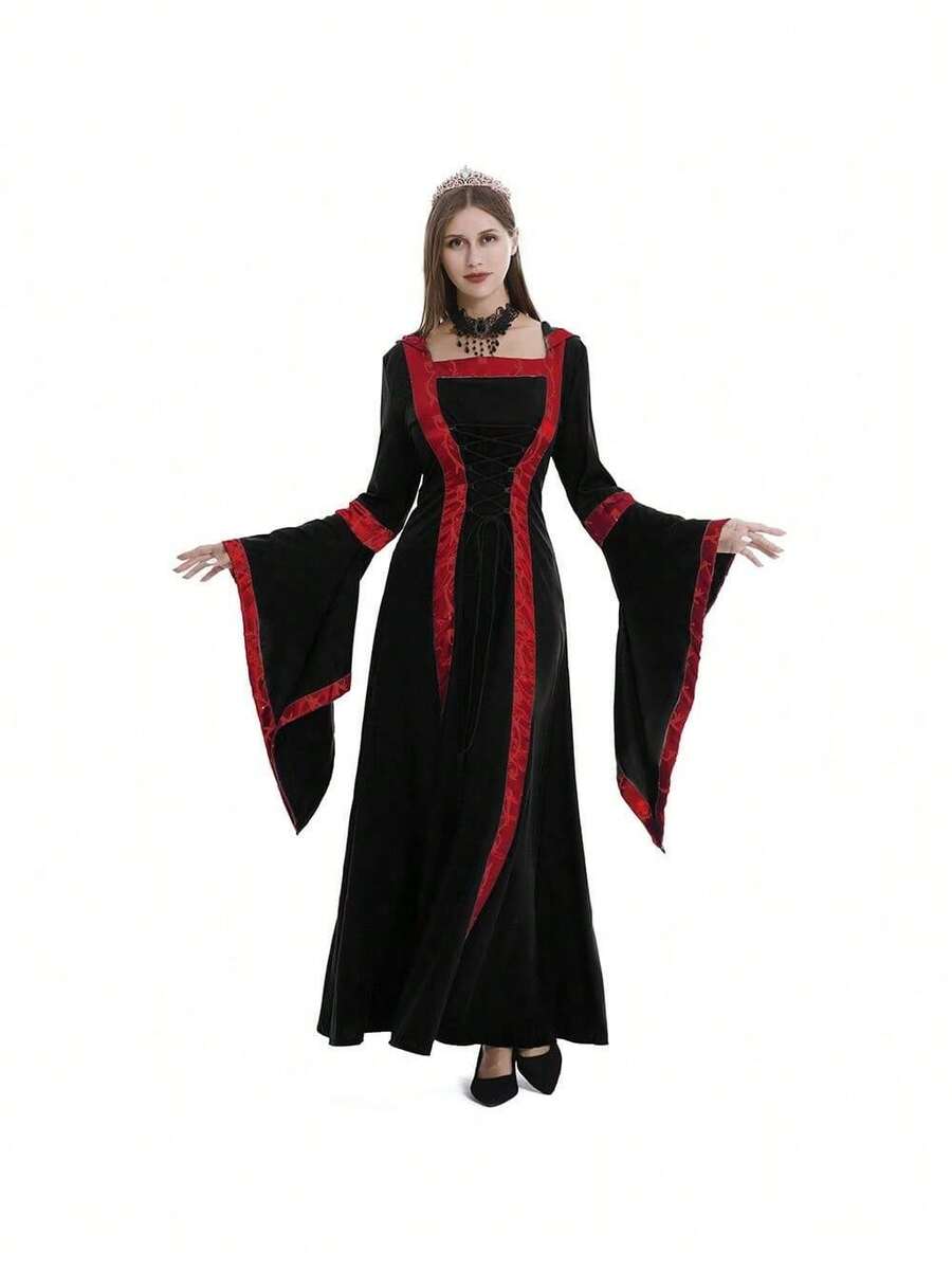 Medieval Retro Hooded Halloween Dress, Square Neckline, Lace-Up Detailing, Flared Sleeves, Full Hem, Stage Performance Costume - 837 Black and Red [Skirt + Tie-up] - View 1