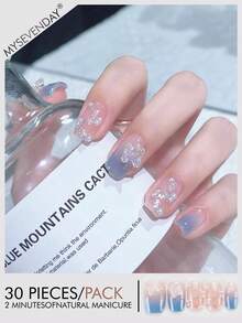 30pcs Square Short Acrylic Nail Tips, Icy Fog Blue Gray Gradient Butterfly Rhinestone Nail Stickers - 彩色 - 查看 2