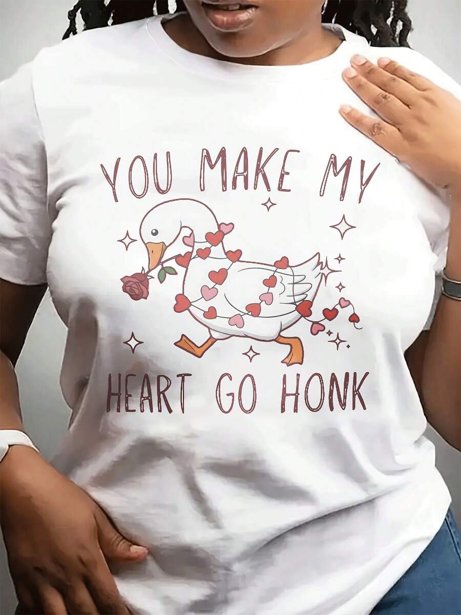 Camiseta casual de moda de cuello redondo de las mujeres corto Sved Top para el día de San Valentín, adecuado para Dailpor Wear, con patrón de corazón de pato impreso como regalo para amigos y familia