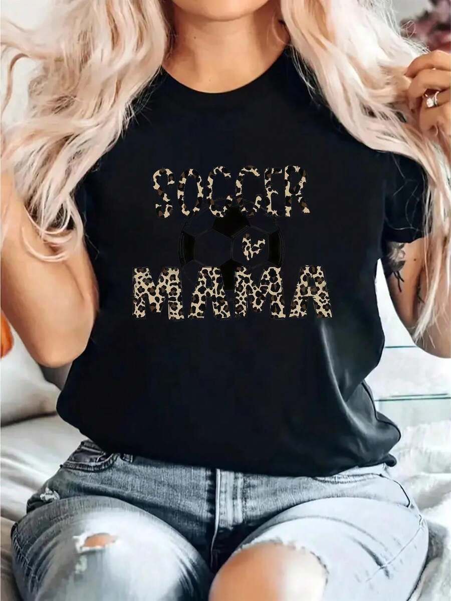 Womens Soccer Mama Graphic T-Shirt - Soft Stretch Casual Tee With Leopard Print Accents, Relaxed Fit Short Sleeve Round Neck Top For Springsummer, Machine Washable Casual Wear, Summer Clothing, Style, Nontransparent Material - 黑色 - 查看 1