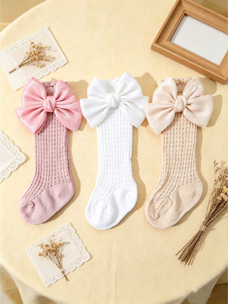 3 Pairs Baby Girls' Sweet Cute Bow Decor Breathable Mesh Anti-Mosquito High Socks, Cotton Material, Suitable For Girls Daily Wear In Spring And Summer - Multicolor - View 1