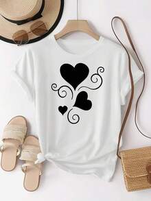 Casual diario cuello redondo corto Sve camiseta para mujeres con un corazón romántico y diseño de línea rizada, patrón personalizado para un aspecto elegante y cómodo - Blanco - Ver 2