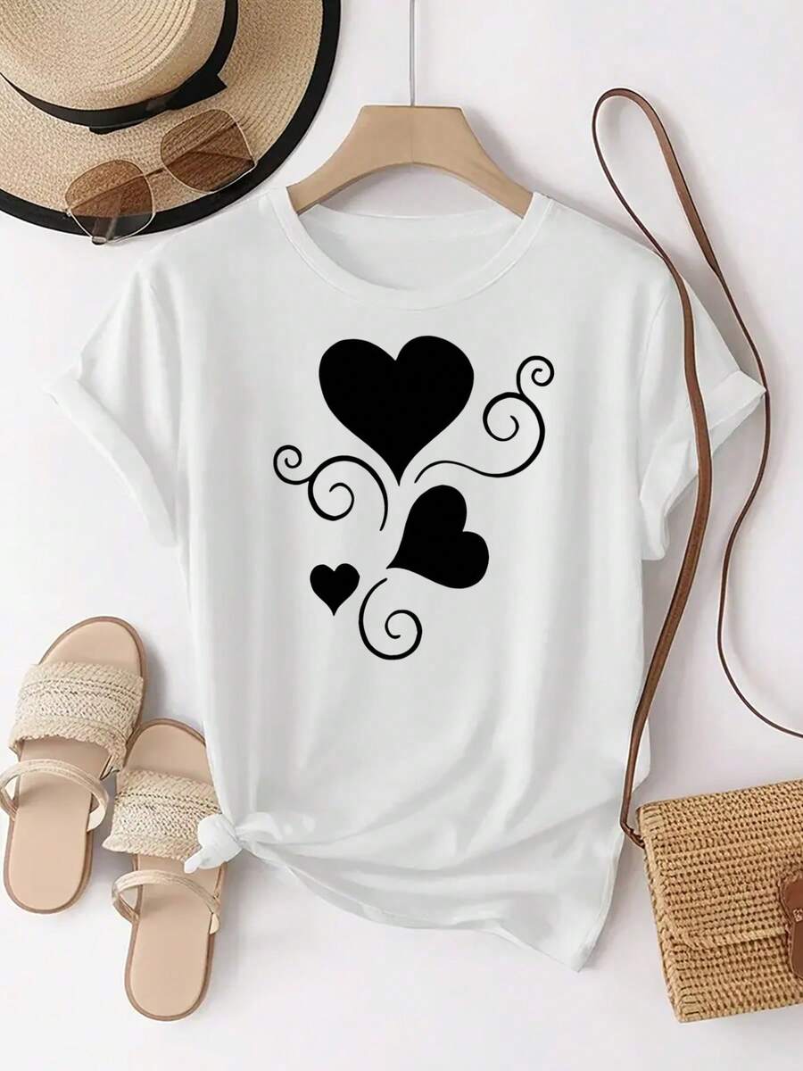 Casual diario cuello redondo corto Sve camiseta para mujeres con un corazón romántico y diseño de línea rizada, patrón personalizado para un aspecto elegante y cómodo