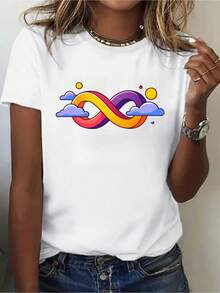 1pc Women's Casual Short Sleeve T-Shirt - Loose Fit Round Neck, Vivid Infinity And Cloud Print Pattern, Durable Washable, All Season Versatile Daily Top, Casual Wear, Women's T-Shirt, Comfortable Sweater, Medium Elasticity Waist, Versatile Top - 白色 - 查看 1