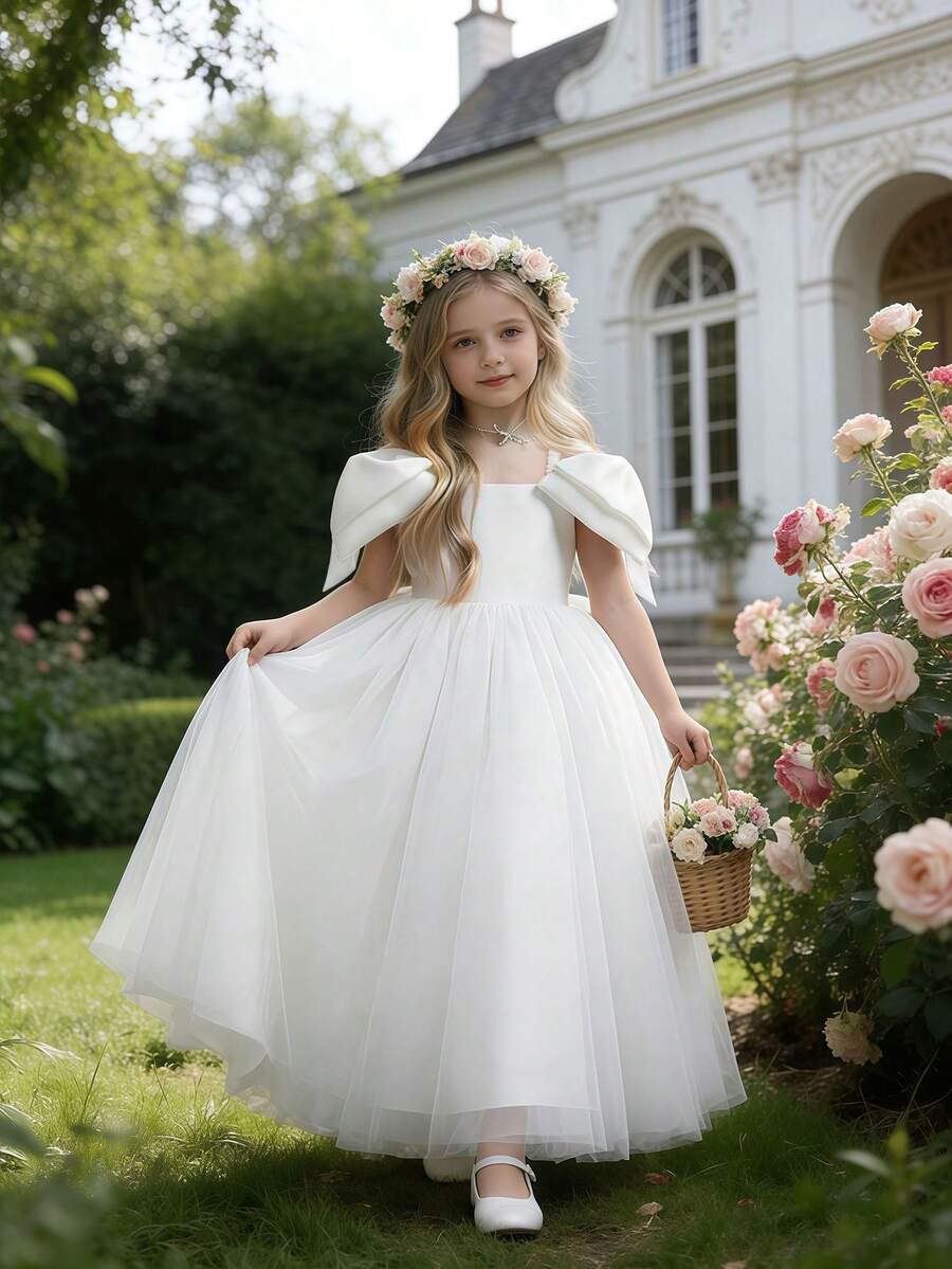 XUMPLO Đầm dài nhiều lớp voan sang trọng cho bé gái tuổi teen, thích hợp làm phù dâu, dự đám cưới, tiệc sinh nhật, chụp ảnh, lễ kỷ niệm, ngày thiếu nhi, mùa cưới, xuân/hè. - trắng - Xem 1