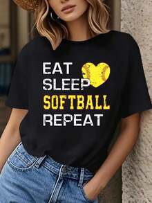 Camiseta de cuello de tripulación casual WomenS con la impresión de la carta de repetición del softbol del sueño, manga corta, ajuste regular, camiseta de primavera y verano, camiseta de softbol - Negro - Ver 2
