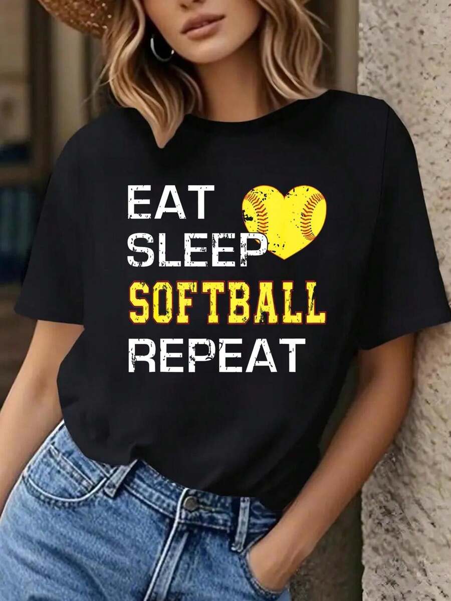 Camiseta de cuello de tripulación casual WomenS con la impresión de la carta de repetición del softbol del sueño, manga corta, ajuste regular, camiseta de primavera y verano, camiseta de softbol