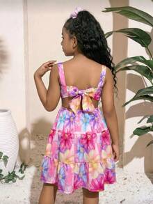 女童粉色碎花蛋糕裙,后背镂空蝴蝶结设计,适合海滩度假和派对穿着 - 玫紅色 - 查看 4