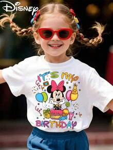 Disney Licensed Minnie Mouse "It's My Birthday" Print Kids' T-Shirt, Cute Cartoon Casual Tee, Perfect For Daily Wear, Birthday Parties, Family Gatherings And Weekend Trips, Shipped From Local Warehouse - trắng - Xem 1