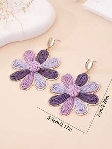 1 Pair Handmade Bohemian Style Raffia Woven Floral Earrings, Retro Contrast Color Metal Earrings, Suitable For Beach, Party, Afternoon Tea, Daily Commute - Purple - View 4