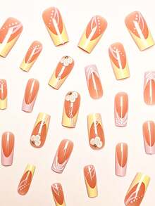 24pcs/Set Minimalist French Manicure Medium Length Shallow Pink & Yellow Ombre Wavy 3D Floral Rhinestone Decor Press-On Reusable Nails, Includes Jelly Gel And 1pc Nail File, Suitable For Office Ladies, Daily Dates, Afternoon Tea, Outdoor Activities - Multicolor - View 2