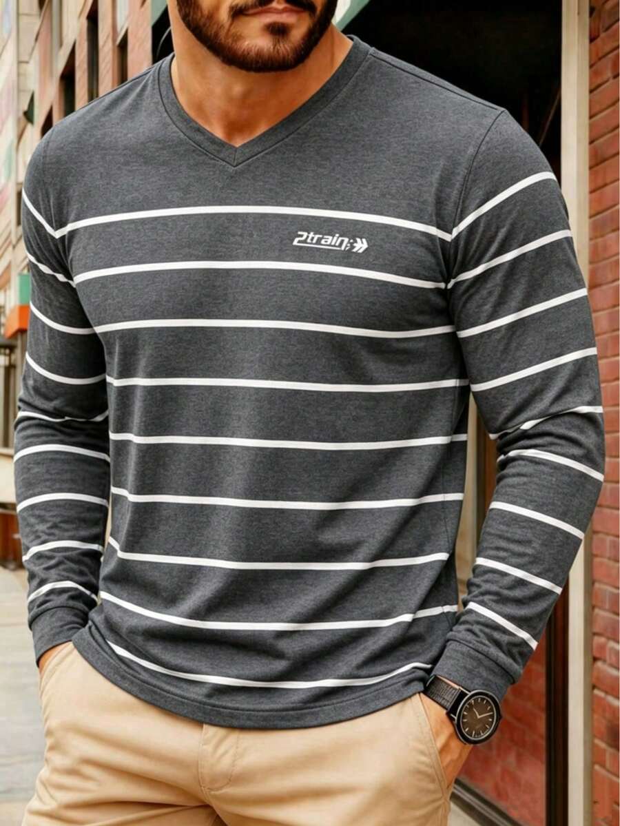 Men's Long-Sleeved V-Neck T-Shirt - Dark Grey - View 1
