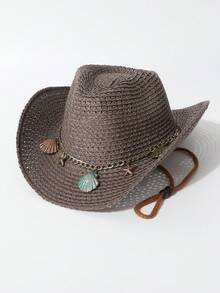 1pc Women's Shell Decor Chain Handmade Woven Spring/Summer Windproof Rope Panama Straw Hat, European And American Western Style Sun Hat, Versatile Sun Hat For Spring/Summer Daily Wear, Beach Vacation, Outdoor Activities, Western Themed Events, Music Festivals - Top Hat - View 4