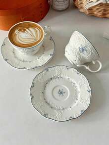 1 Set French Vintage Lace Embossed Blue Snowflake Ceramic Coffee Cup & Saucer, Delicate Floral Dessert Plate, Western Dinnerware, Suitable For Garden Gathering And Tea Time - Multicolor - View 9