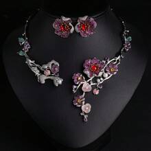Bohemian Style Red Gemstone Floral Jewelry Set, Gold-Tone Luxurious Necklace And Earrings, Suitable For Weddings And Banquets - Jewelry Sets - View 4